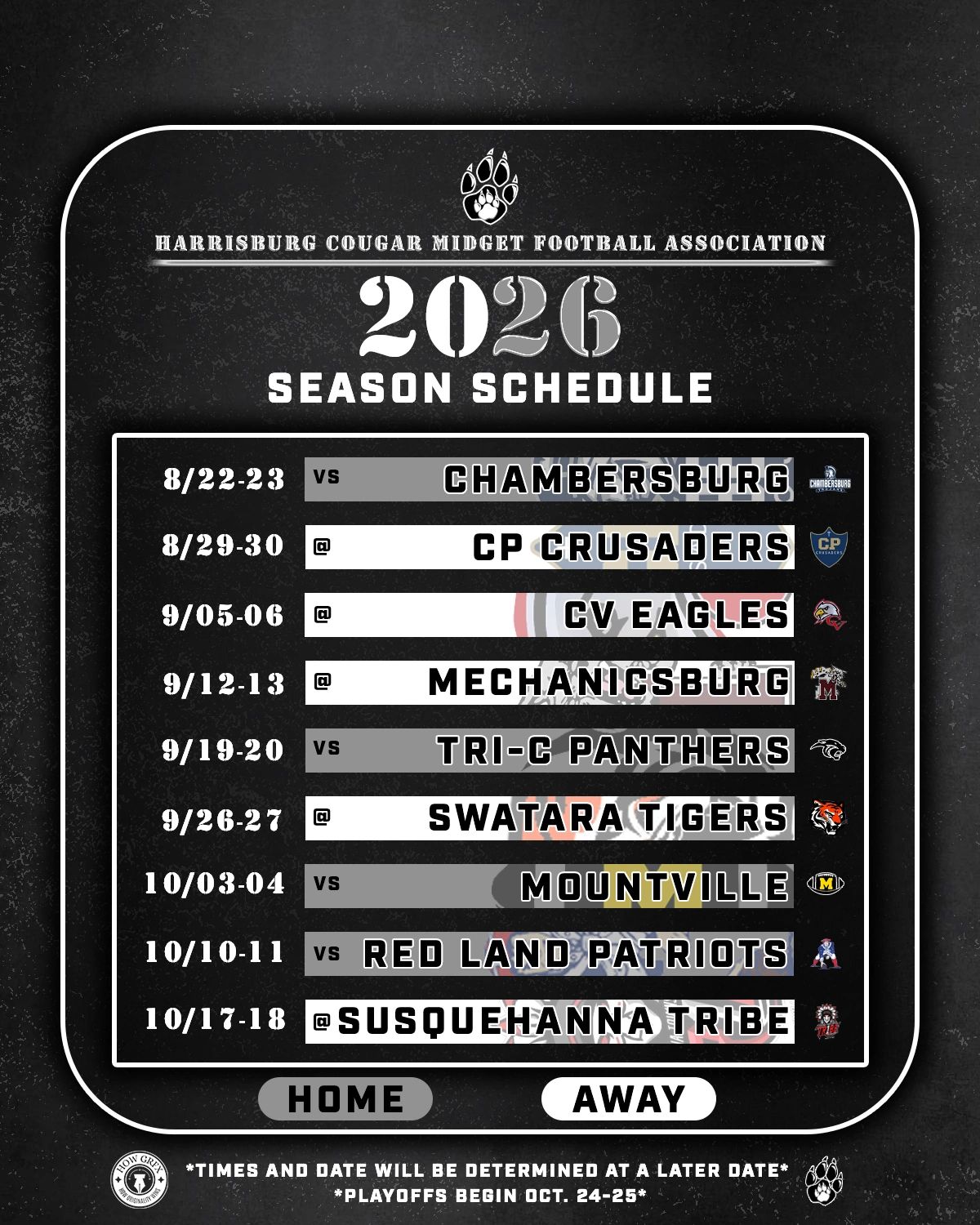 2026 Harrisburg Cougar Midget Football season schedule with dates and opponents.