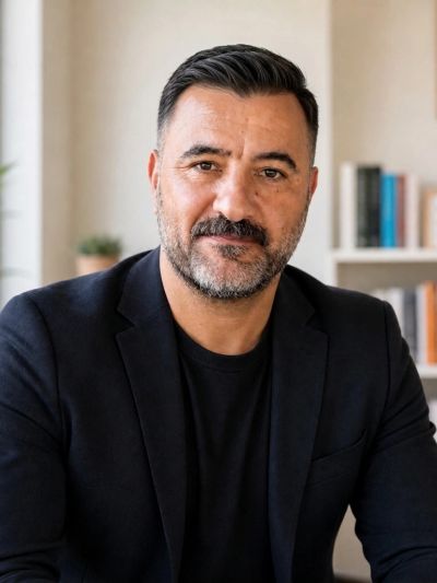 Confident man with a beard and black blazer.