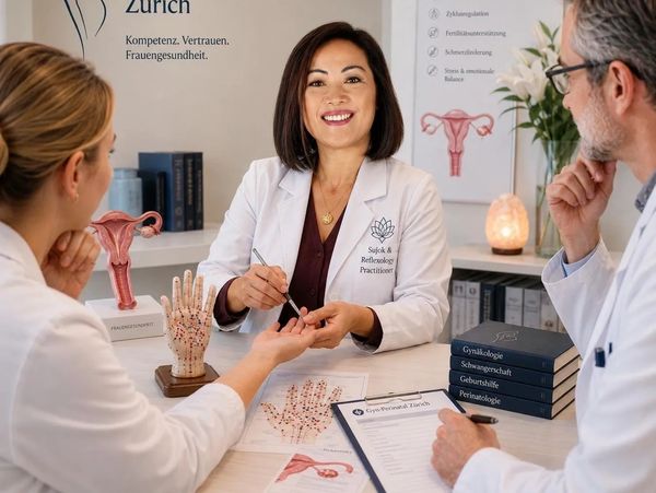 A practitioner demonstrates reflexology on a patient's hand in a medical consultation.