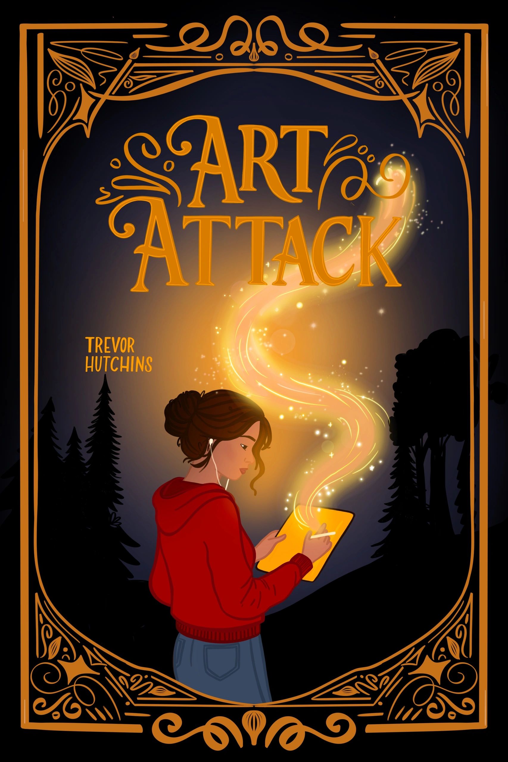 A girl in a red hoodie drawing magical light from a tablet in a dark forest.