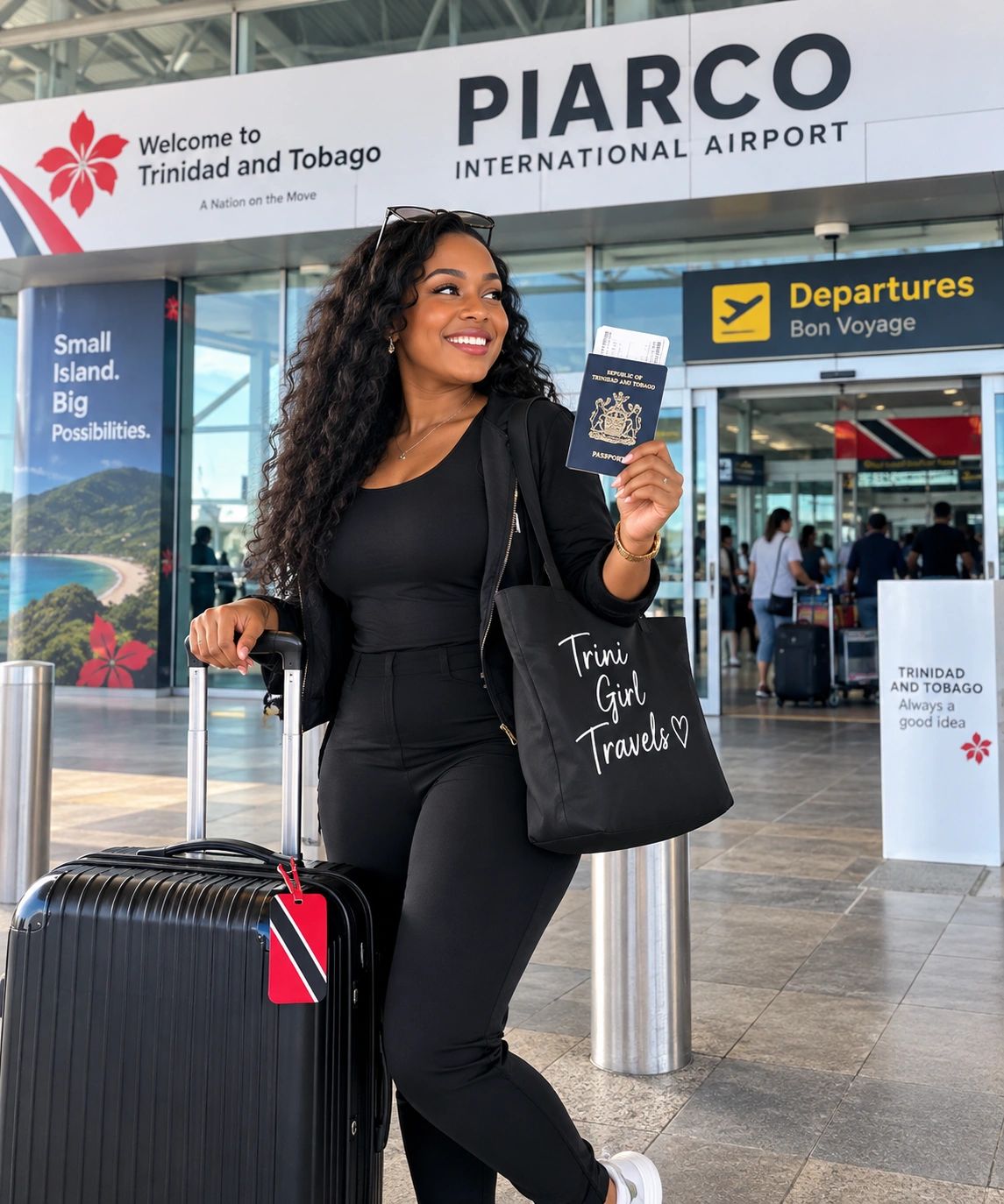 Woman happy at Piarco International Airport with suitcase and passport.