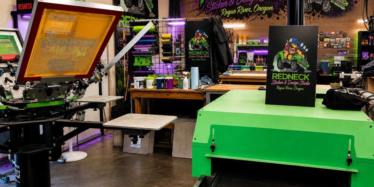 Inside a colorful sticker and design studio named Redneck in Rogue River, Oregon.