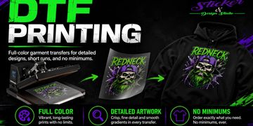 DTF printing process showing a full-color transfer being heat-pressed onto a garment.