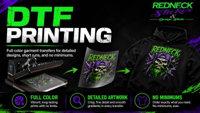 Promotional image for DTF printing with vibrant, detailed artwork and no minimum orders.