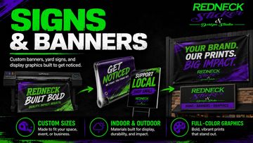 Large-format printing process showing custom banners and signs produced for indoor and outdoor use.