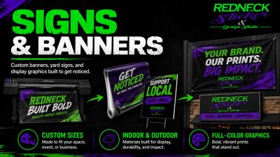 Advertisement for redneck signs and banners with custom options.
