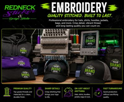Embroidery machine showcasing custom brand embroidery on apparel and caps.