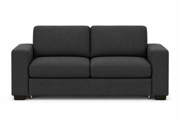 Modern dark gray two-seater sofa with clean lines and boxy arms.