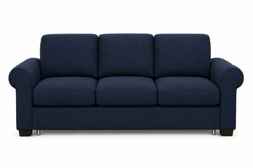 A modern navy blue three-seater sofa with rounded armrests.