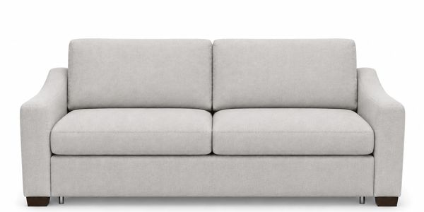 Modern light gray two-seater sofa with soft cushions and armrests.