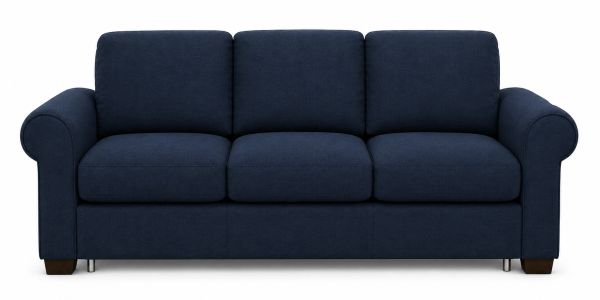 Navy blue three-seater sofa with rounded armrests and cushioned back.