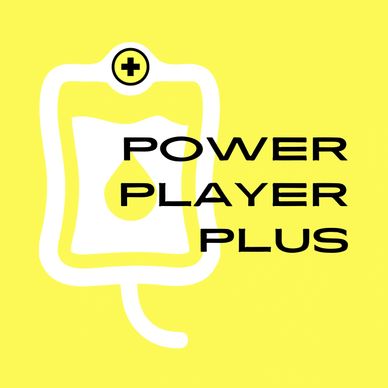 Yellow background with a white IV bag and the text Power Player Plus.
