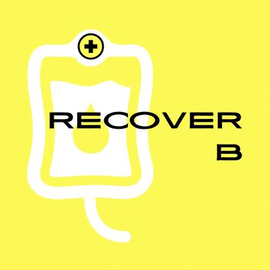 Graphic of an IV bag with the word 'RECOVER' on a yellow background.