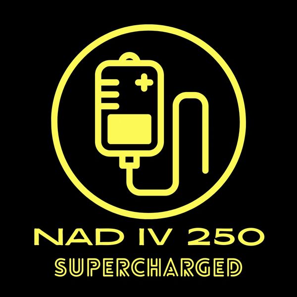 Yellow blood bag icon with text "NAD IV 250 SUPERCHARGED" on black background.