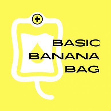 Logo for Basic Banana Bag with a medical IV bag illustration.