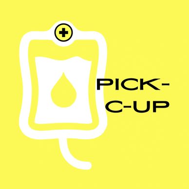 Logo with a medical drip and the text 'PICK-C-UP' on a yellow background.