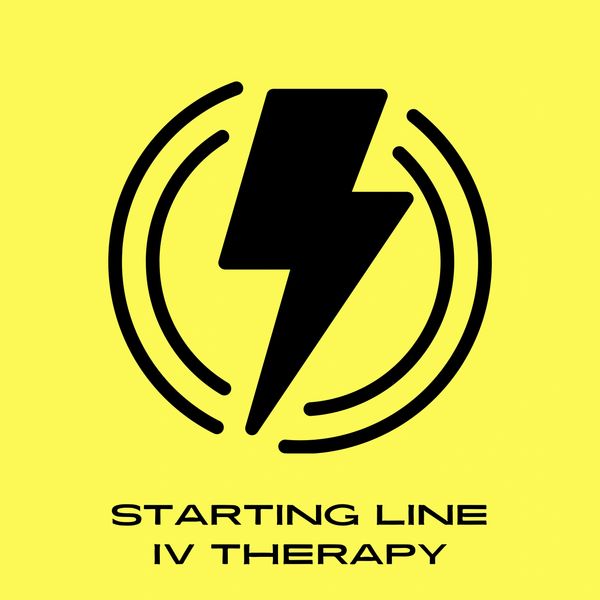 Black lightning bolt logo with text 'Starting Line IV Therapy' on yellow background.