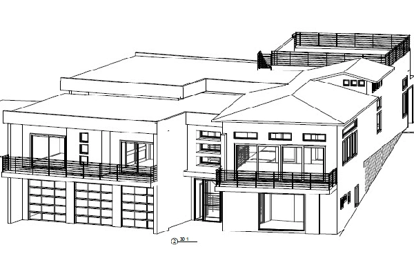 An elevation rendering of a long, single-story house with multiple gabled roofs and garages.