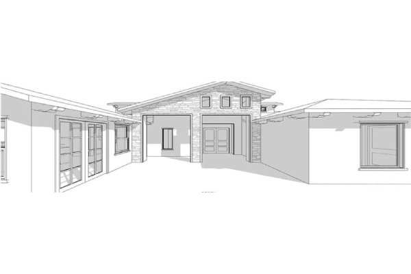 An architectural line drawing of a modern multi-story house with balconies and a rooftop deck.