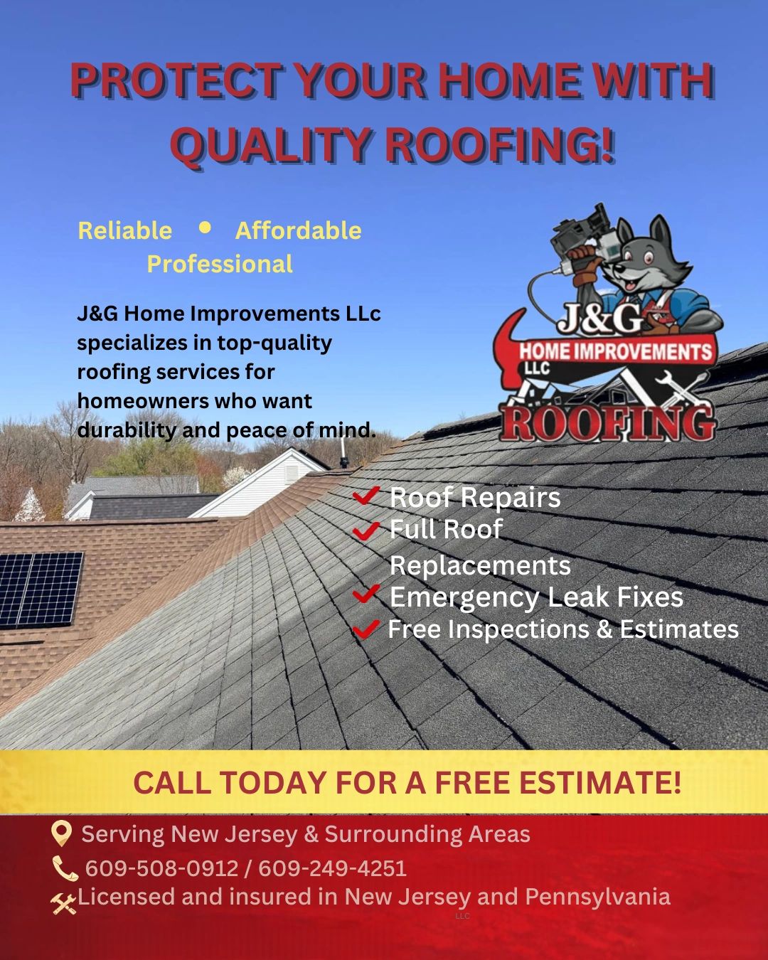 Roofing services advertisement with contact info and benefits like repairs and free estimates.