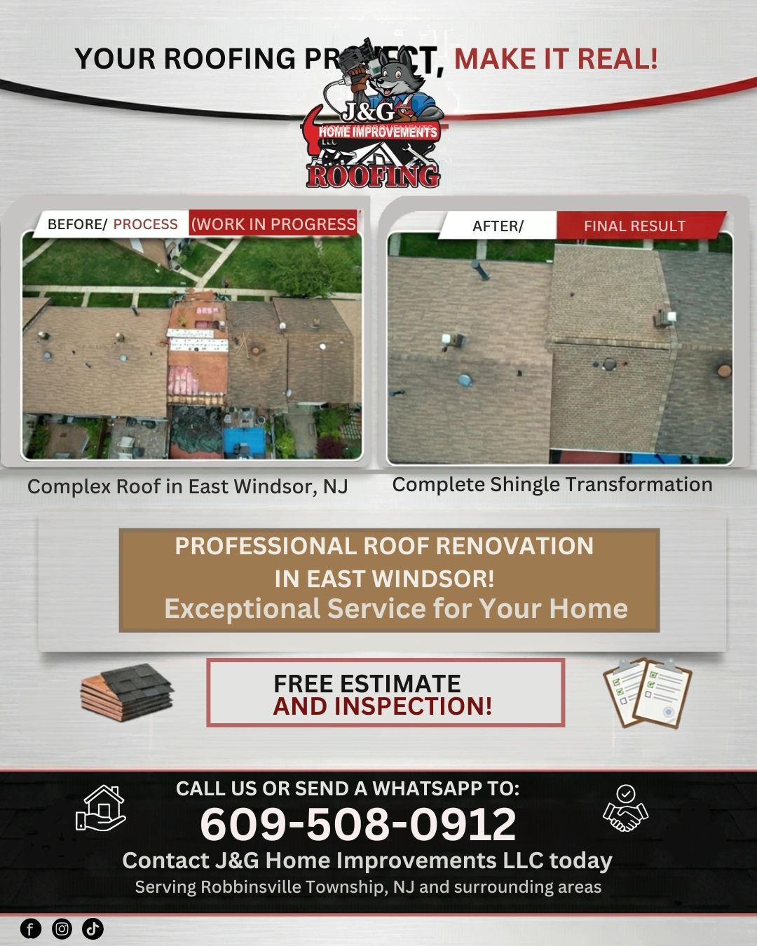 Before and after images of a professional roof renovation in East Windsor, NJ by J&amp;G Home Improvements.