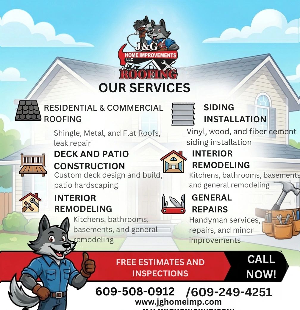 J&amp;G Home Improvements offers roofing, siding, deck construction, remodeling, and repair services with free estimates and inspections.