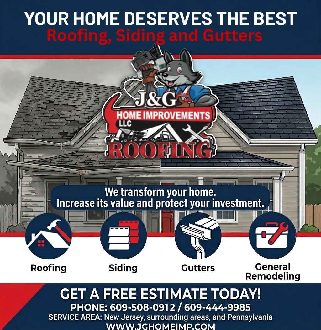 Home improvement ad for roofing, siding, gutters, and remodeling with free estimates.
