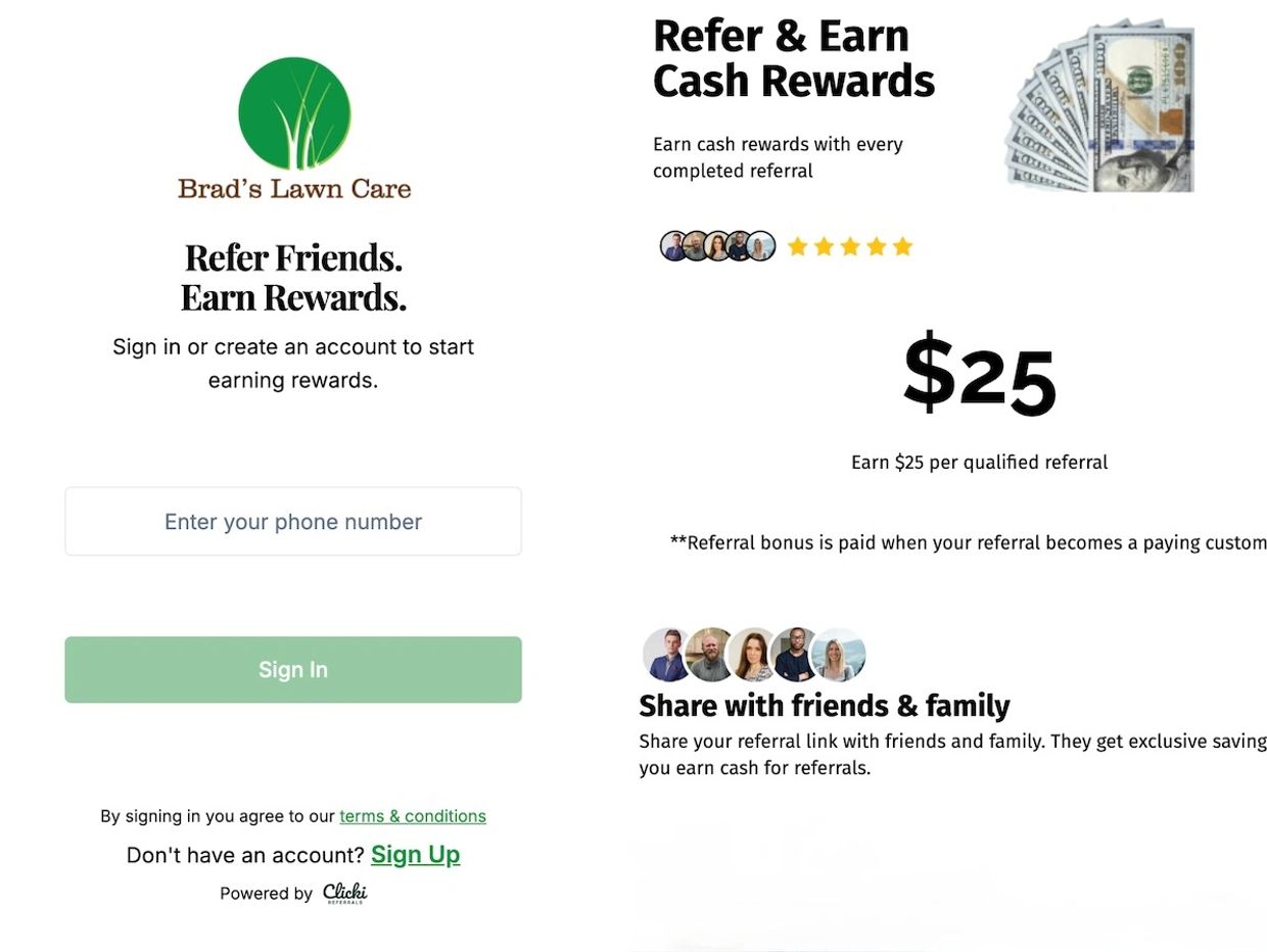 Referral program for Brad's Lawn Care offering $25 cash rewards per qualified referral.
