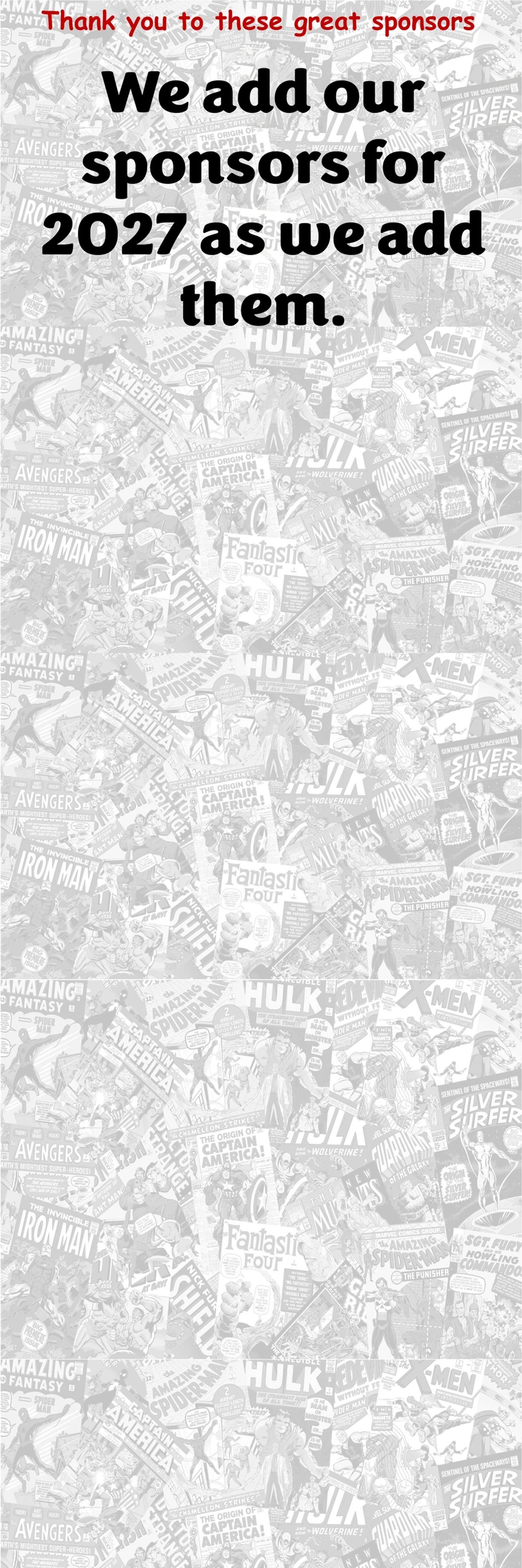Sign thanking sponsors with a superhero comic background.