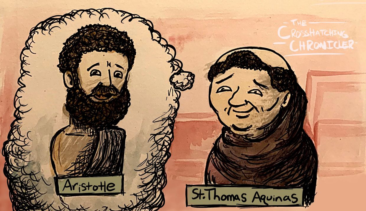 Watercolor portrait of Saint Thomas Aquinas dreaming of Aristotle. Both Philosophers. Philosophy.