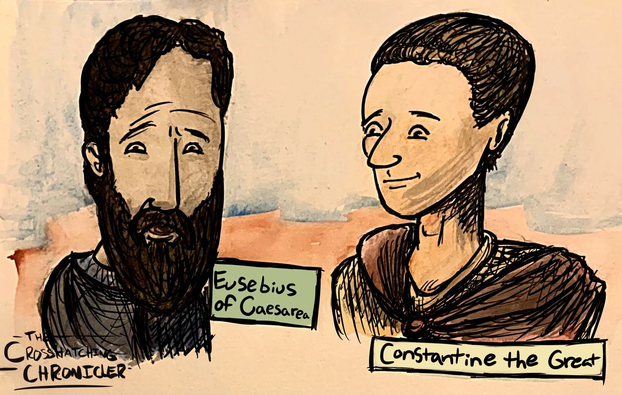 Watercolor portraits of historian Eusebius of Caesarea and Constantine the Great. Council of Nicaea.