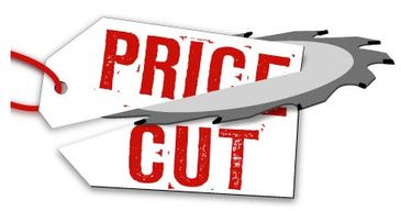 A graphic showing a saw cutting through price tags labeled 'PRICE CUT'.