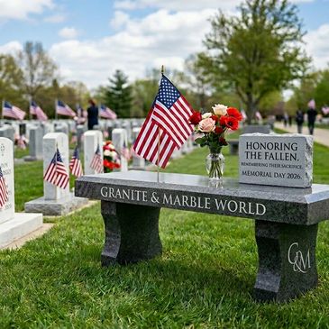 Memorial Day tribute with American flags and flowers at a cemetery bench.