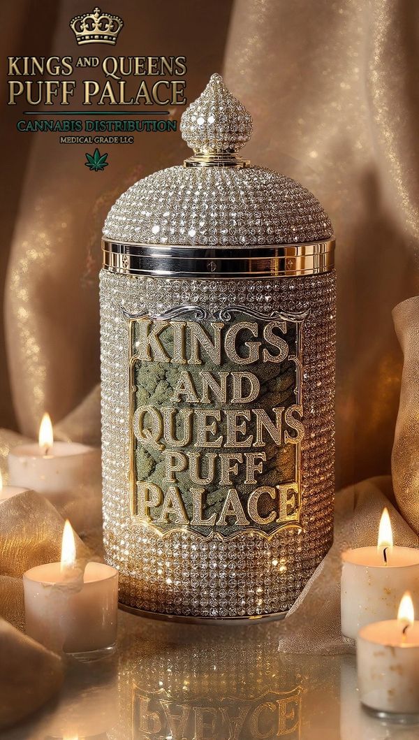 Luxurious cannabis container adorned with sparkling crystals, surrounded by lit candles.