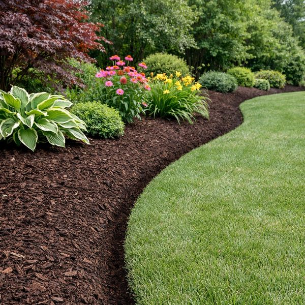 Neatly edged garden bed with mulch and blooming flowers beside a lush green lawn.