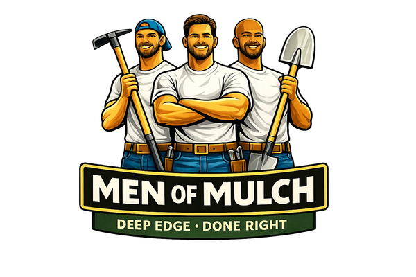 Logo of three smiling men with gardening tools representing Men of Mulch.