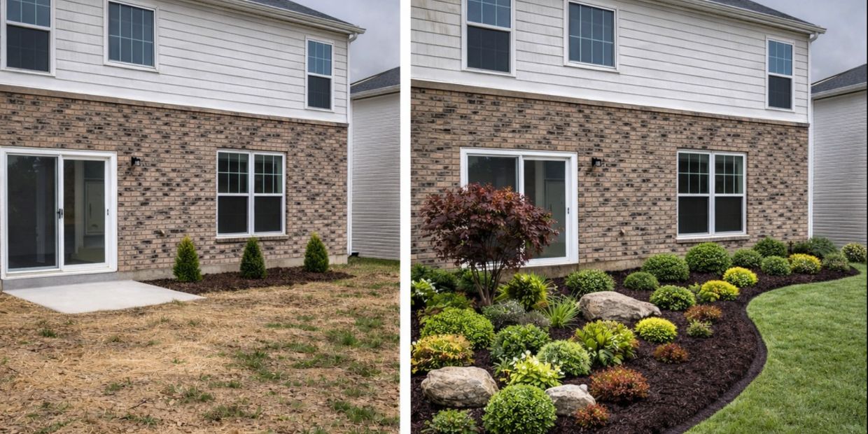 Before and after view of a backyard landscaping transformation with plants and mulch.