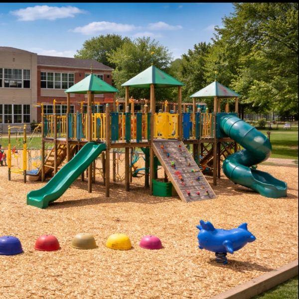 Colorful playground with slides and spring riders near a school building.