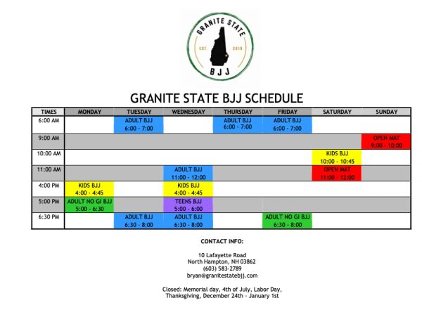 schedule of kids, teens, and adult classes. 7 days a week