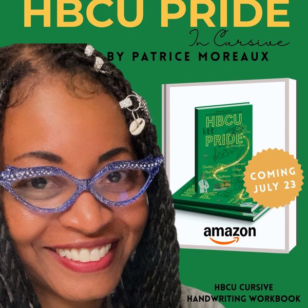 Portrait of a smiling woman with glasses promoting an HBCU cursive handwriting workbook.