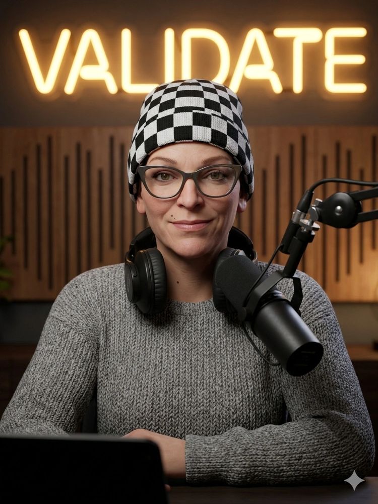 A person wearing a checkered beanie and glasses speaks into a microphone with 'VALIDATE' lit up behind.