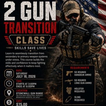 Promotional poster for a 2 Gun Transition shooting class with date, location, and requirements.
