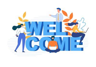 Illustration of diverse people around large welcome letters with plants.