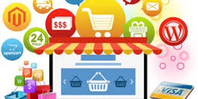 Illustration of online shopping with a laptop, shopping bags, and payment icons.