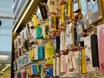 Phone cases and accessories displayed in store.