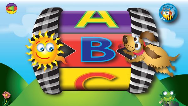Colorful ABC alphabet wheel with a happy jumping dog and a smiling sun