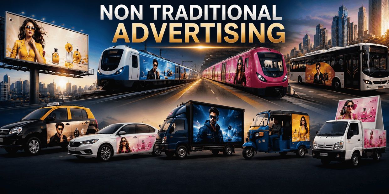 Various vehicles and billboards showcasing non-traditional advertising in a city setting.
