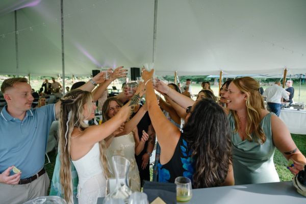 Group of people toasting under a tent at a gathering.