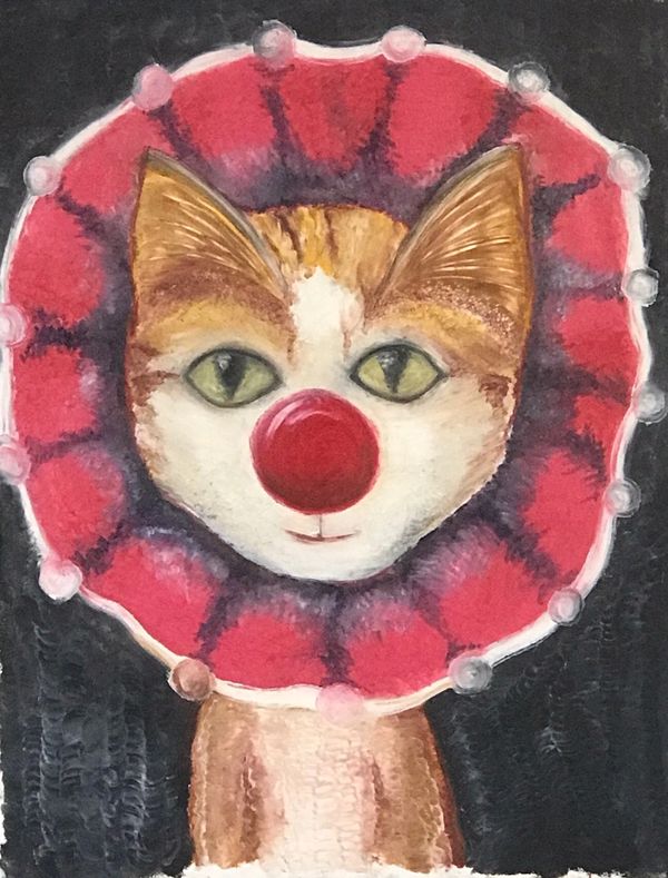 Cat with clown nose and ruffled collar painting.