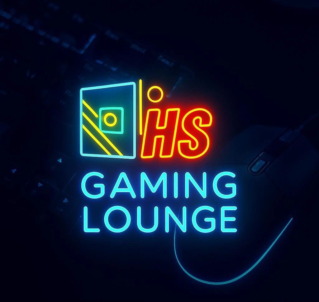 Neon sign for HS Gaming Lounge with a mouse in background.